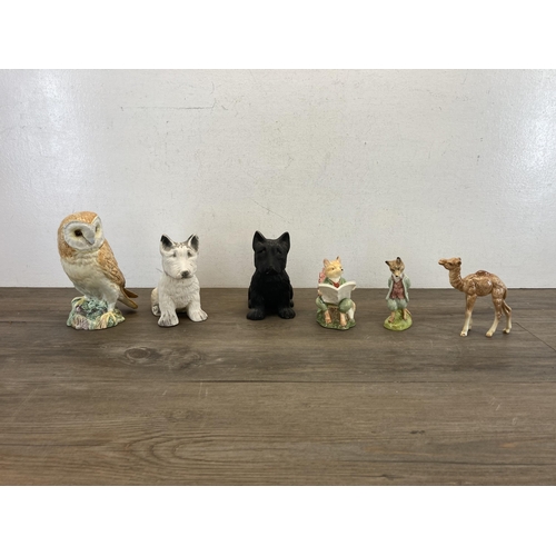 382 - Six ceramic animal figurines to include Beswick camel, Beswick owl - model no. 1046, Royal Albert Fo... 