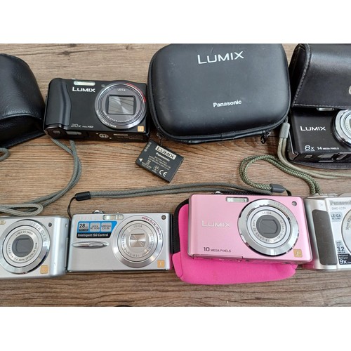 605 - A collection of Panasonic Lumix compact digital cameras to include TZ40, TZ3, TZ30, FX35 10mp, TZ4, ... 