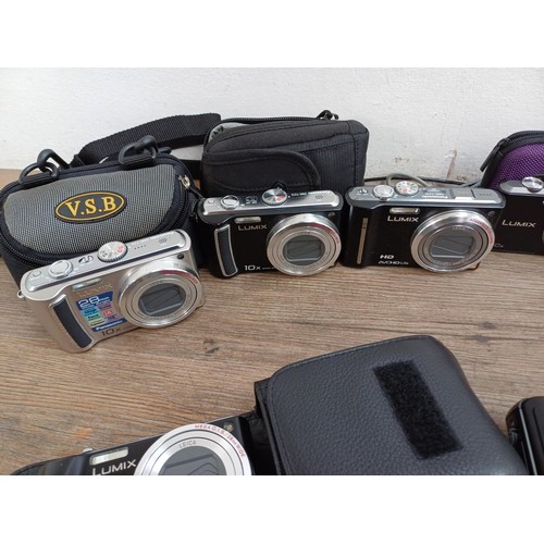 605 - A collection of Panasonic Lumix compact digital cameras to include TZ40, TZ3, TZ30, FX35 10mp, TZ4, ... 