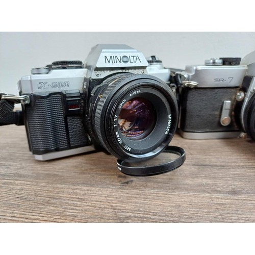 607 - Six Minolta 35mm SLR cameras fitted with Minolta lenses, X-700, SR-7 fitted with Rokkor-PF 1:1.4 f=5... 