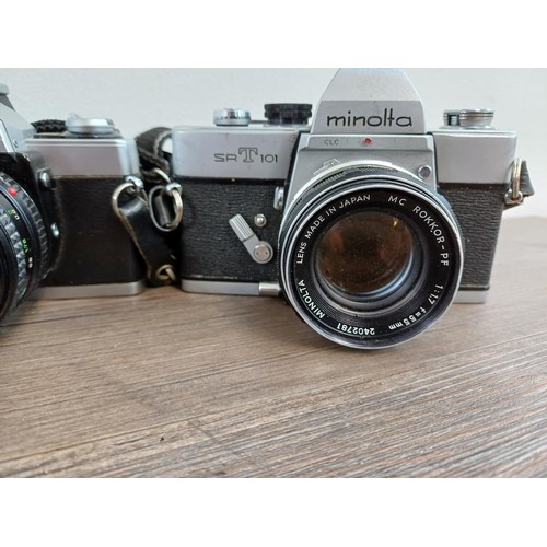 607 - Six Minolta 35mm SLR cameras fitted with Minolta lenses, X-700, SR-7 fitted with Rokkor-PF 1:1.4 f=5... 