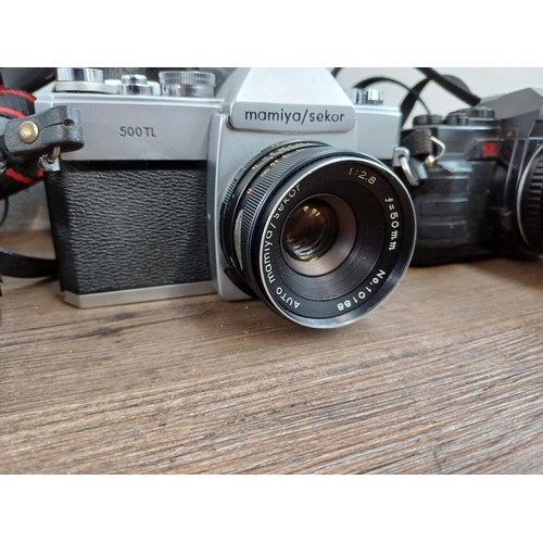 610 - Six Japanese 35mm SLR cameras, Fujica STX1, Konica Autoreflex TC fitted with F1.8 40mm lens, Cosina ... 