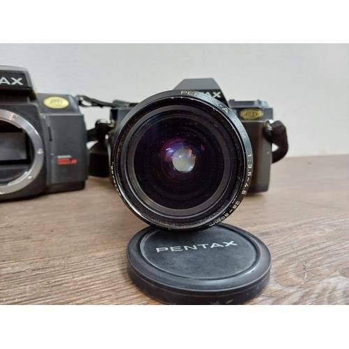 613 - Three Pentax 35mm SLR cameras, one P30T fitted with Pentax-A 1:3.5-4.5 28-80mm zoom lens, one P30N f... 