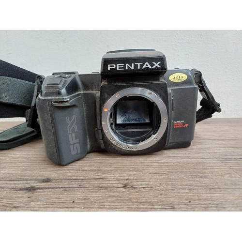 613 - Three Pentax 35mm SLR cameras, one P30T fitted with Pentax-A 1:3.5-4.5 28-80mm zoom lens, one P30N f... 