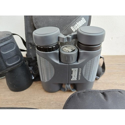 660 - Six pairs of binoculars, Bushnell 10x42 waterproof, Minolta Compact 10x25, Bresser 10x50, Pentax 8x2... 