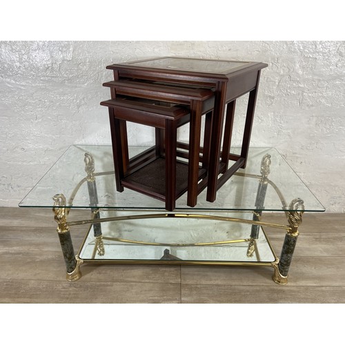 89 - Two pieces of furniture, one mahogany and smoked glass nest of tables and one gilt metal and marble ... 