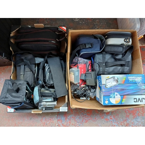 686 - Two boxes containing camcorders to include boxed JVC GR-DVL365EK Mini DV with accessories etc.