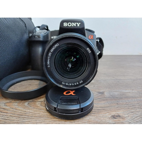 697 - Two Sony Alpha α DSLR cameras fitted with DT 3.5-5.6/18-70 macro lenses, one A350 14.2mp and one cas... 