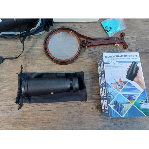 706 - Five items to include cased Bresser 10x50 binoculars, boxed Tenesa 12x50 waterproof/shockproof monoc... 