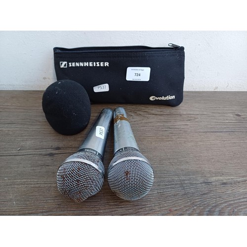 724 - Two Shure Unisphere B dynamic microphones, one PE588 and one 588SA with Sennheiser case and wind shi... 