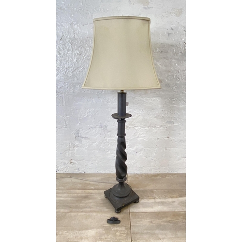 118 - A grey painted brass barley twist table lamp on footed base - approx. 73cm high (excluding shade)