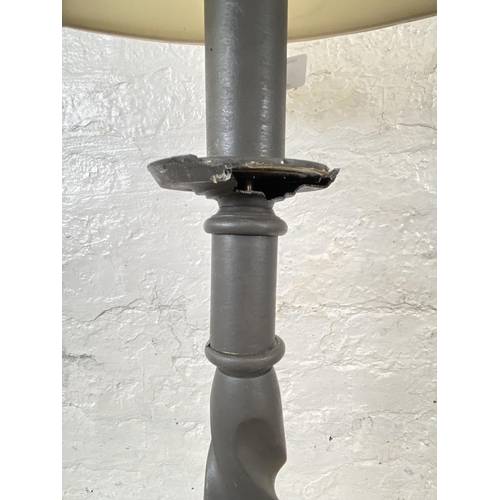 118 - A grey painted brass barley twist table lamp on footed base - approx. 73cm high (excluding shade)