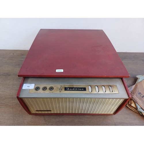 746 - A vintage Audition portable record player fitted with BSR Monarch four-speed auto-changer turntable ... 