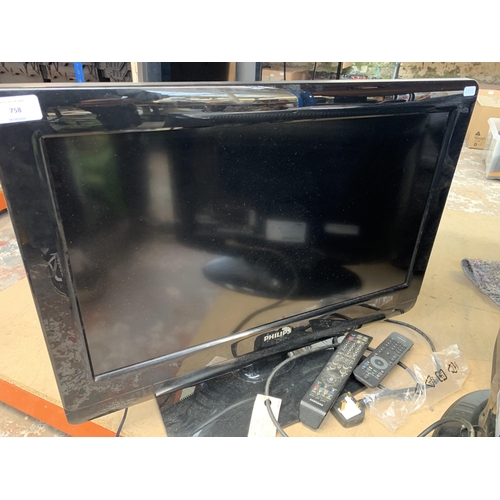 758 - Two TVs with remote controls, one Philips 26PFL404D/05 26