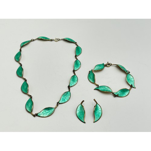 2146 - A Norwegian David Andersen .925 silver and green enamel necklace, bracelet and clip on earrings set ... 