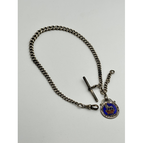 2182 - A hallmarked sterling silver Albert chain with hallmarked sterling silver T-Bar and 1825 George V co... 