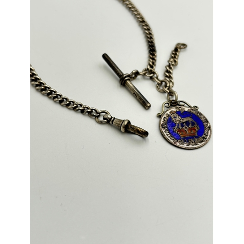 2182 - A hallmarked sterling silver Albert chain with hallmarked sterling silver T-Bar and 1825 George V co... 