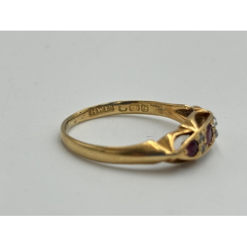 2194 - An early 20th century hallmarked Birmingham 18ct gold ruby and diamond ring, size S - approx. gross ... 