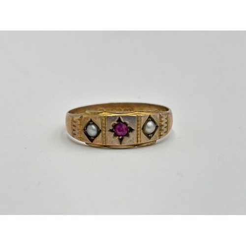 2193 - A Victorian hallmarked Chester 9ct gold ruby and seed pearl ring, dated 1895, size Q½ - approx. gros... 