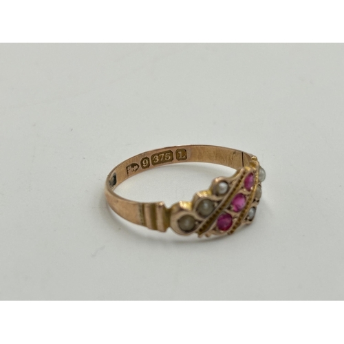 2192 - A Victorian hallmarked Chester 9ct gold ruby and seed pearl ring, dated 1894, size N - approx. gross... 