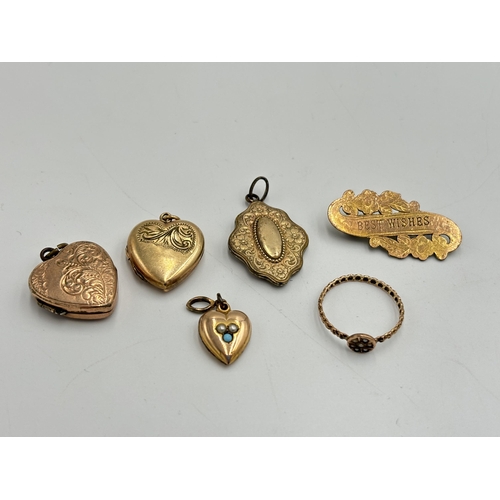 2210 - Six pieces of antique yellow metal jewellery to include seed pearl ring, three heart shaped lockets ... 