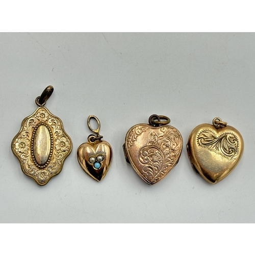 2210 - Six pieces of antique yellow metal jewellery to include seed pearl ring, three heart shaped lockets ... 