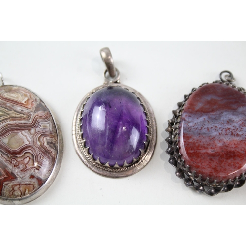 2156 - Five sterling silver gemstone pendants to include moss agate, lapis lazuli etc. - approx. gross weig... 