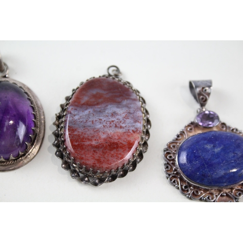 2156 - Five sterling silver gemstone pendants to include moss agate, lapis lazuli etc. - approx. gross weig... 