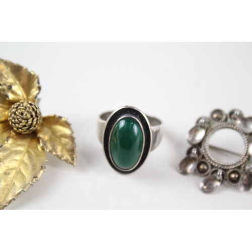 2161 - Three pieces of Scandinavian silver jewellery, one Niels Erik From .925 green gemstone ring, one T.H... 