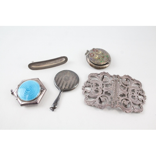 2301 - Five hallmarked sterling silver vanity items to include enamel compact mirror, belt buckle etc. - ap... 