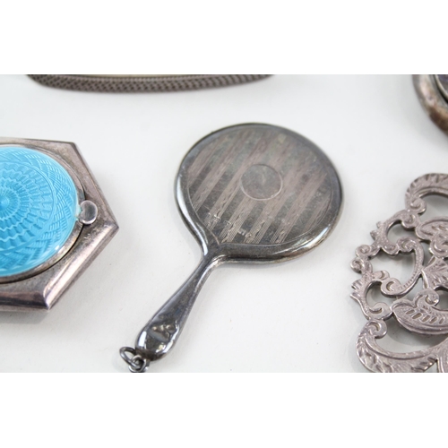 2301 - Five hallmarked sterling silver vanity items to include enamel compact mirror, belt buckle etc. - ap... 