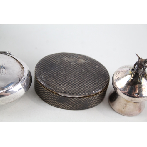 2311 - Four silver items, two hallmarked sterling silver pill boxes, one .800 silver pill box and one glass... 