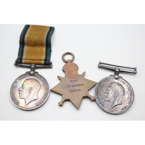 2373 - Three WWI British medals, one 1914-15 Star presented to 16942 Pte. S. Benns. Norf. R., one War prese... 