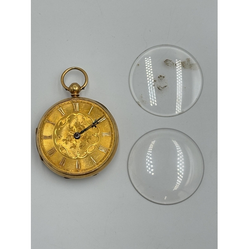 2287 - An antique hallmarked Chester 18ct gold cased key wind open face pocket watch - approx. gross weight... 