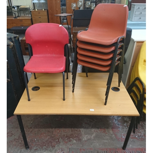 74 - Seven pieces of furniture, five mid/late 20th century Restall red plastic and tubular metal stacking... 