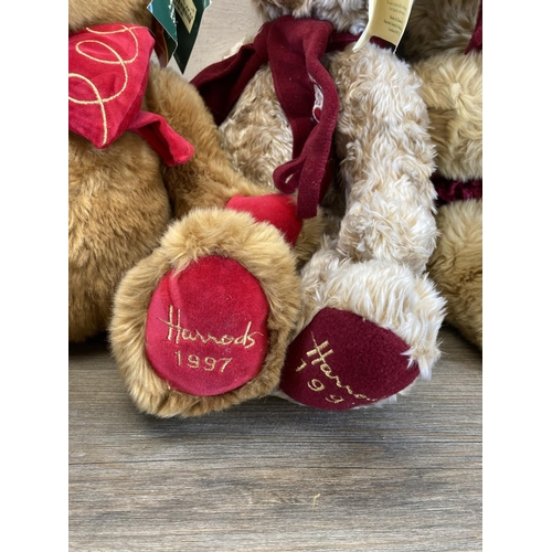 429 - A collection of soft toy bears to include Harrods 1999 Christmas Bear, Harrods 1996 Christmas Bear, ... 