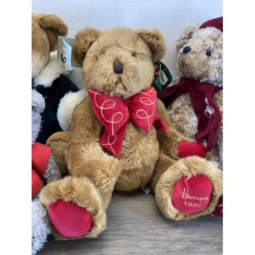 429 - A collection of soft toy bears to include Harrods 1999 Christmas Bear, Harrods 1996 Christmas Bear, ... 