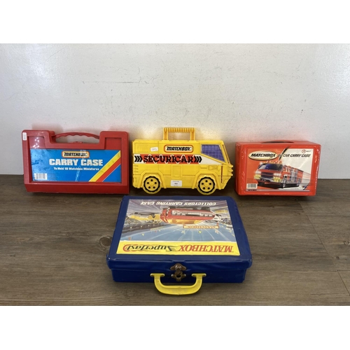 464 - Four Matchbox carry cases containing a collection of diecast model vehicles to include Matchbox Pors... 