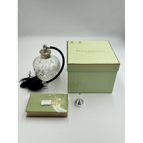 2354 - A boxed Penhaligon's cut glass and stamped .925 silver topped perfume atomiser