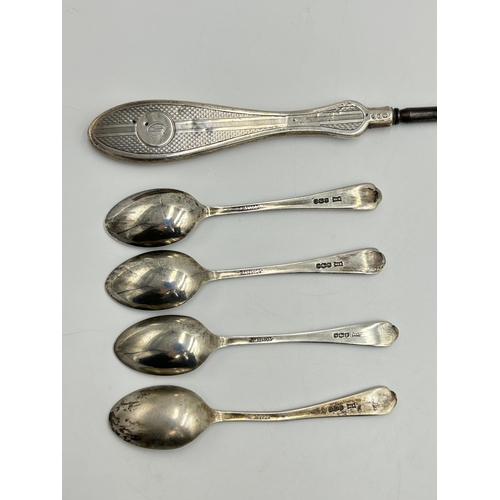 2355 - Five pieces of George V hallmarked silver, four Sheffield silver teaspoons dated 1933 and one London... 