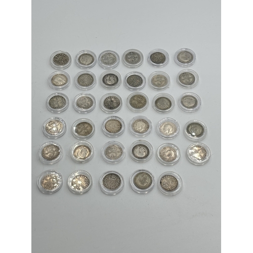 2394 - Thirty five pre 1920 .925 silver threepences