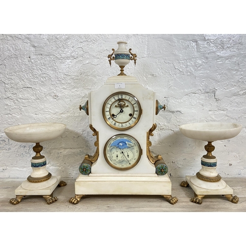 1 - A French white marble and cloisonné chiming mantel clock and garniture set with gilded decoration, m... 