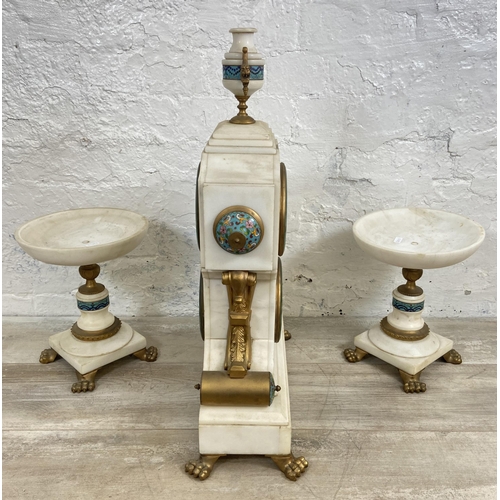 1 - A French white marble and cloisonné chiming mantel clock and garniture set with gilded decoration, m... 