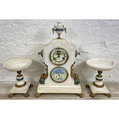 1 - A French white marble and cloisonné chiming mantel clock and garniture set with gilded decoration, m... 