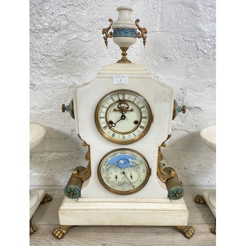 1 - A French white marble and cloisonné chiming mantel clock and garniture set with gilded decoration, m... 