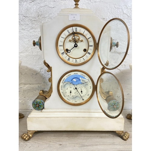 1 - A French white marble and cloisonné chiming mantel clock and garniture set with gilded decoration, m... 