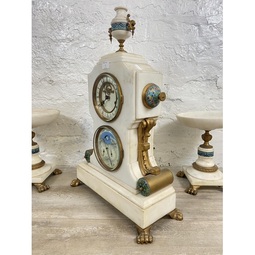 1 - A French white marble and cloisonné chiming mantel clock and garniture set with gilded decoration, m... 