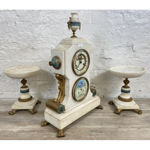 1 - A French white marble and cloisonné chiming mantel clock and garniture set with gilded decoration, m... 