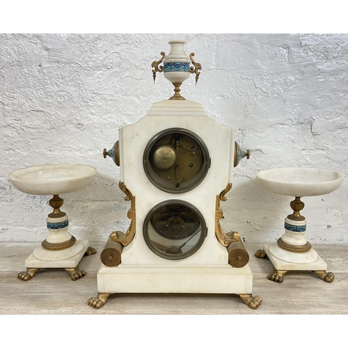 1 - A French white marble and cloisonné chiming mantel clock and garniture set with gilded decoration, m... 