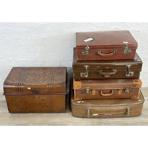 15 - Five early/mid 20th century travel trunks and suitcases to include brown metal, Superslat etc.